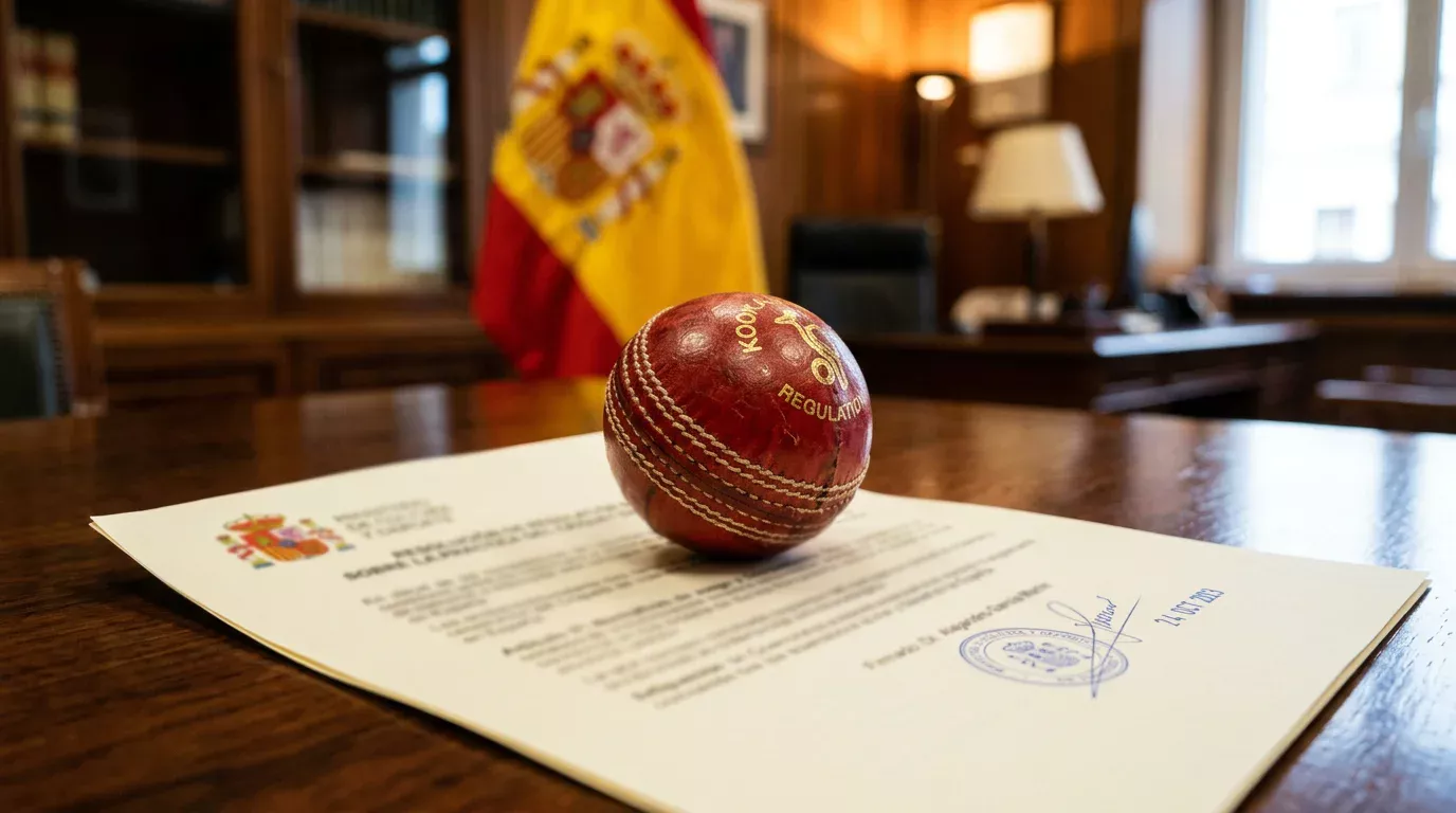 Bandera de España junto a un balón de cricket representando la regulación de apuestas deportivas