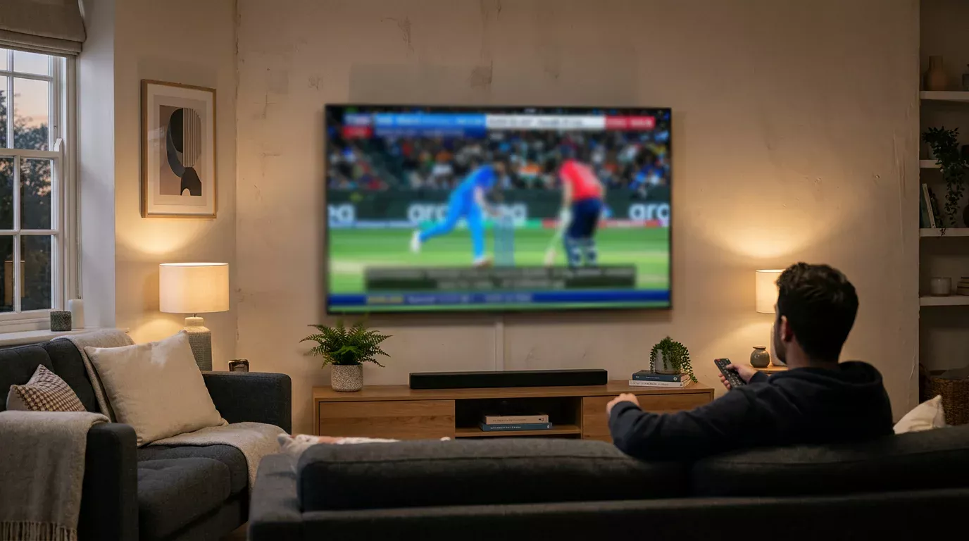 Televisión mostrando un partido de cricket de la IPL en directo con interfaz de streaming