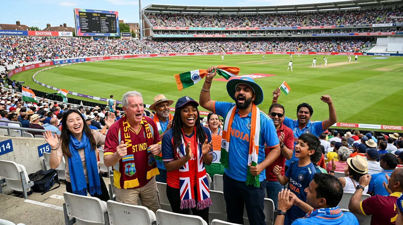 Grupo diverso de espectadores viendo un partido de cricket en un estadio moderno
