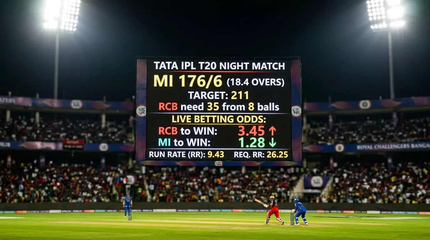 Pantalla de apuestas en vivo durante un partido de cricket de la IPL con cuotas cambiantes
