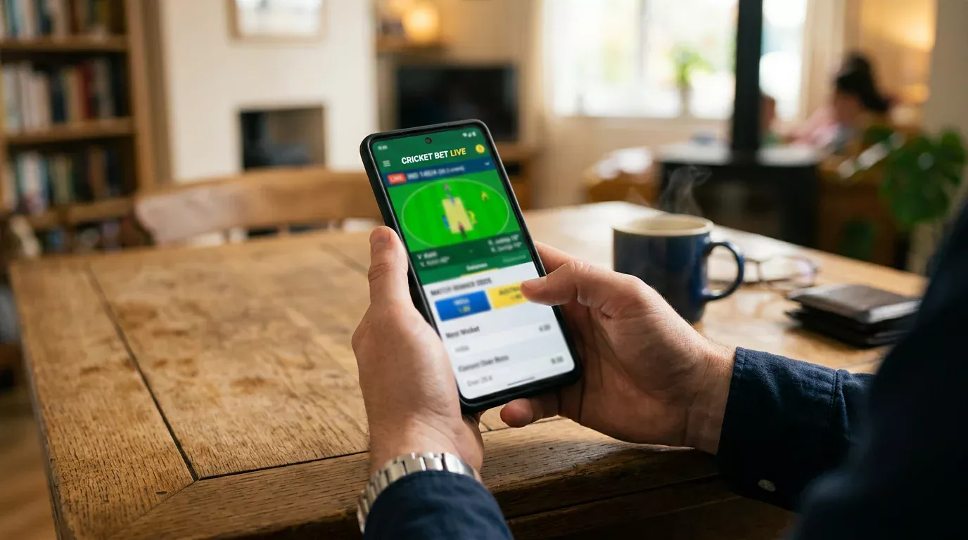 Smartphone mostrando una aplicación de apuestas de cricket con mercados de la IPL