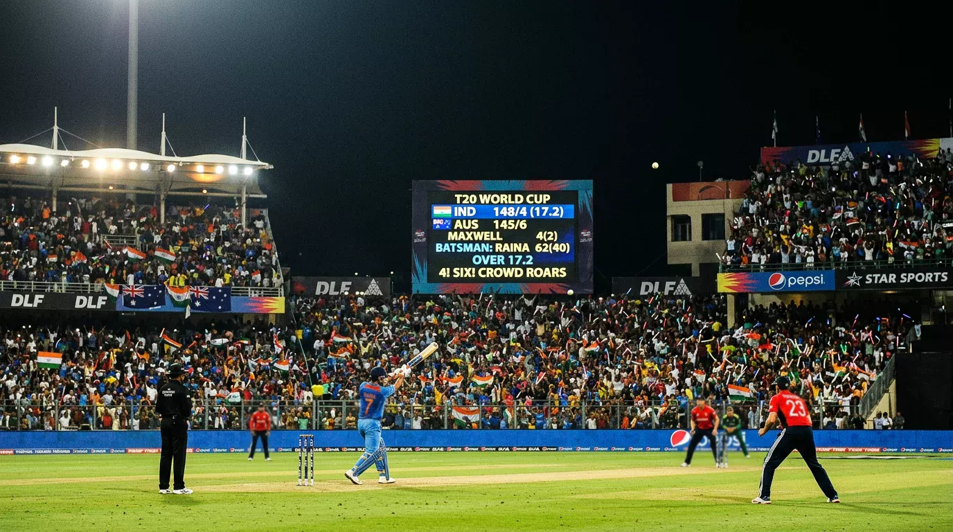 Estadio de cricket lleno durante un partido T20 nocturno con iluminación artificial