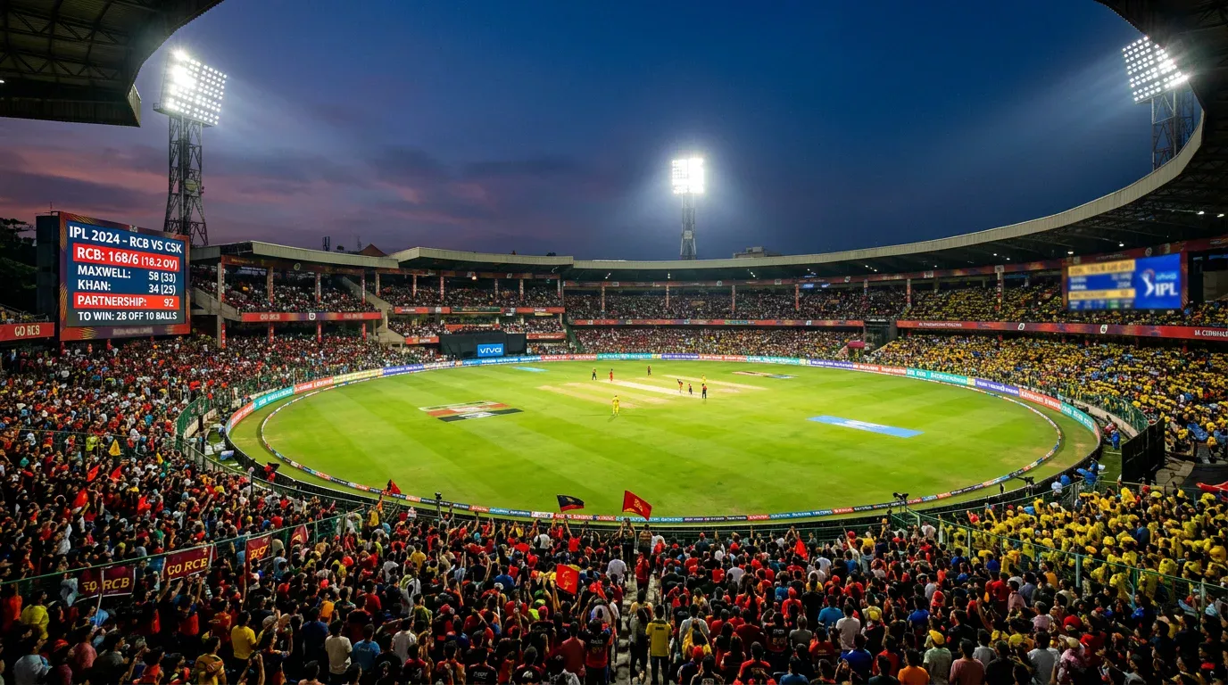 Estadio de cricket repleto de espectadores con pantallas gigantes mostrando estadísticas