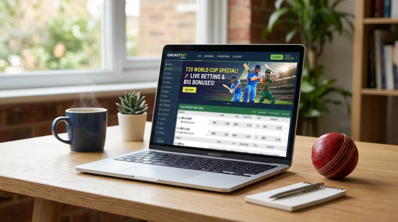 Pantalla de operador de apuestas mostrando una promoción para cricket
