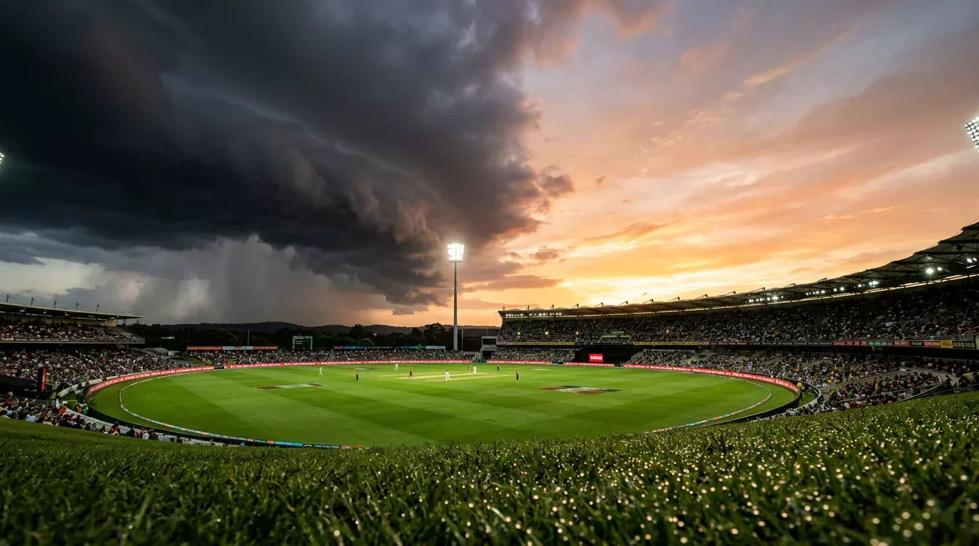 Estadio de cricket con nubes de tormenta acercándose durante un partido nocturno