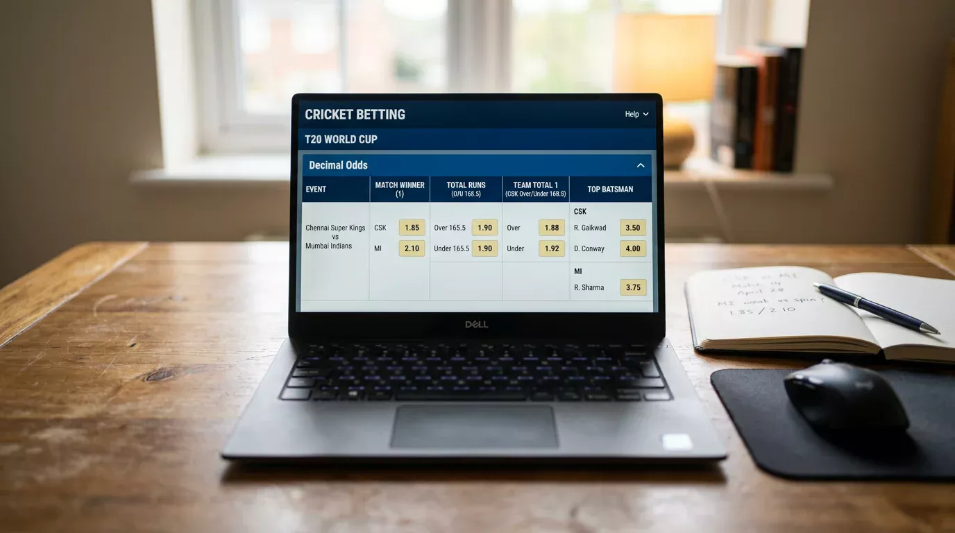 Pantalla con cuotas decimales de un partido de cricket mostrando diferentes mercados