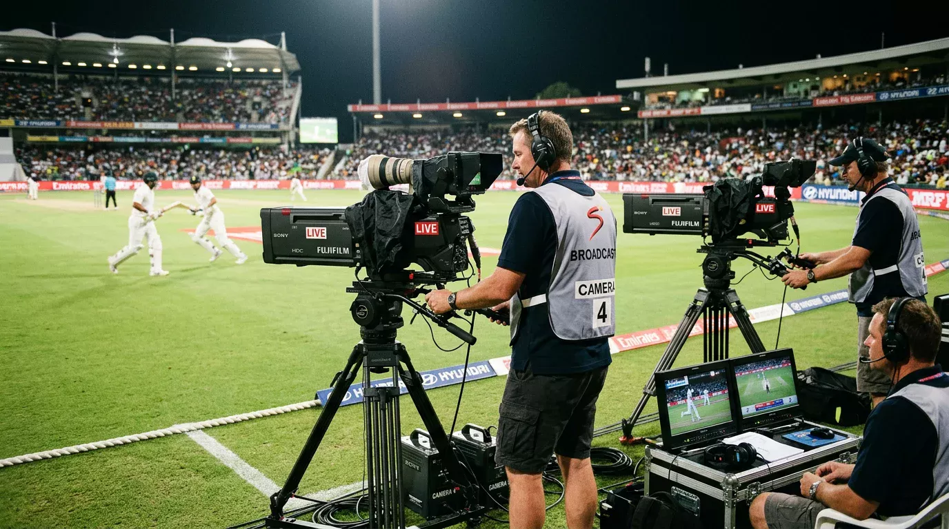 Cámaras de televisión retransmitiendo un partido de cricket de la IPL en un estadio
