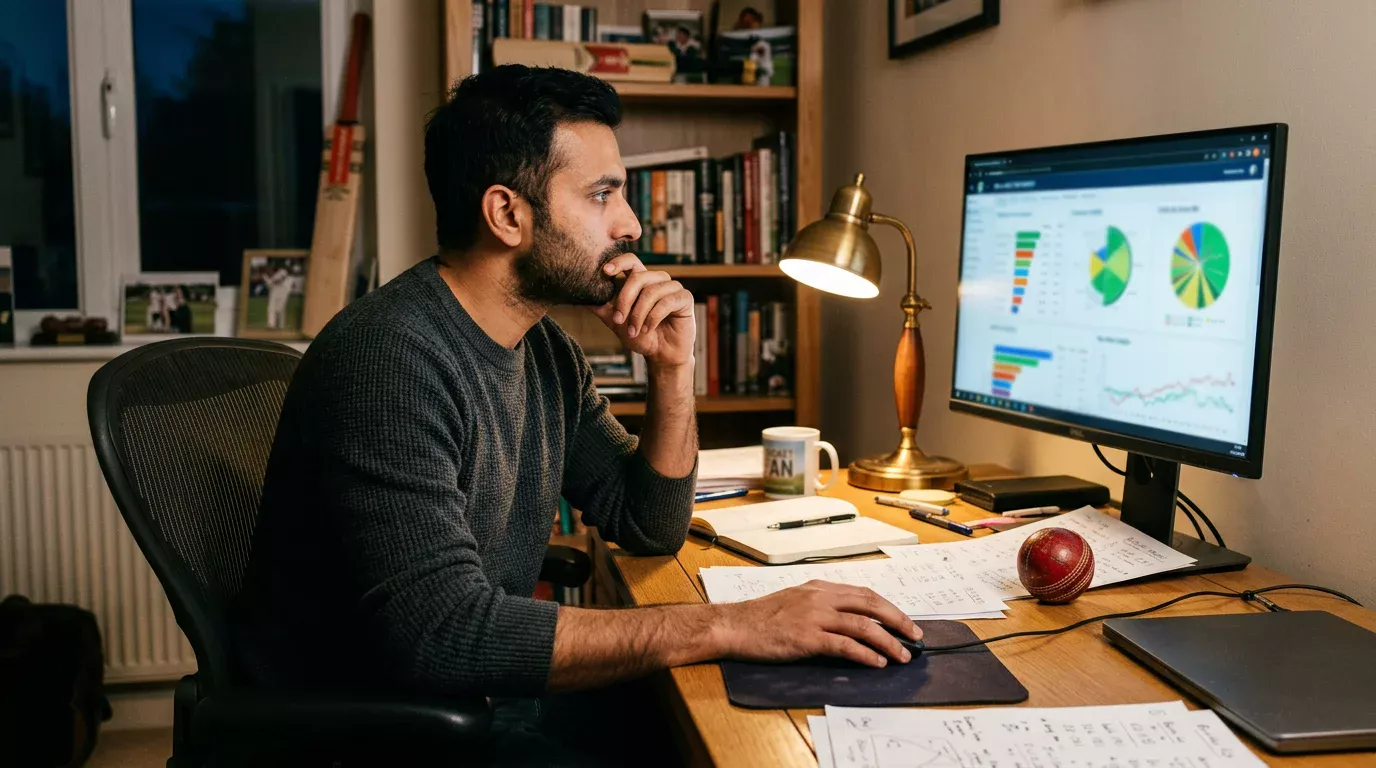 Apostador revisando estadísticas de cricket en una pantalla con expresión de confusión