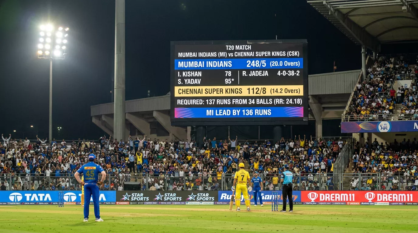 Marcador de cricket mostrando diferencia de carreras entre dos equipos en un partido T20