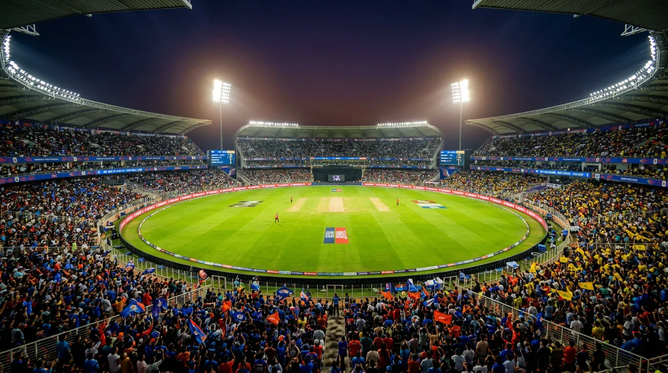 Estadio de cricket durante un partido nocturno de la IPL con iluminación y público