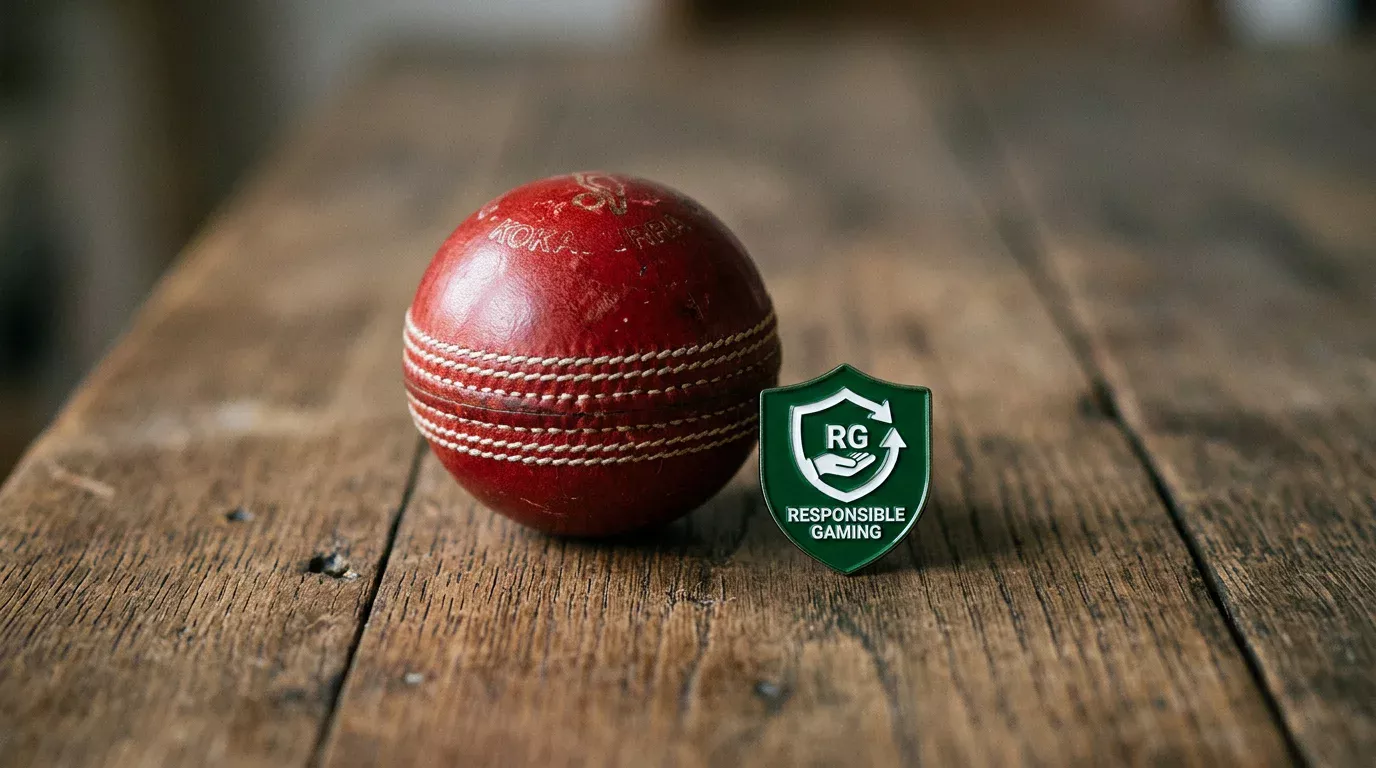 Símbolo de juego responsable junto a un balón de cricket representando límites y autocontrol