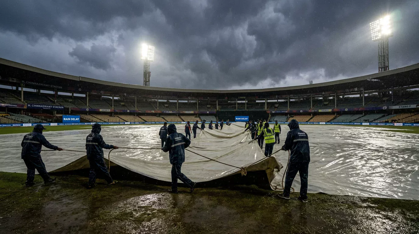 Campo de cricket cubierto con lonas de protección durante una interrupción por lluvia
