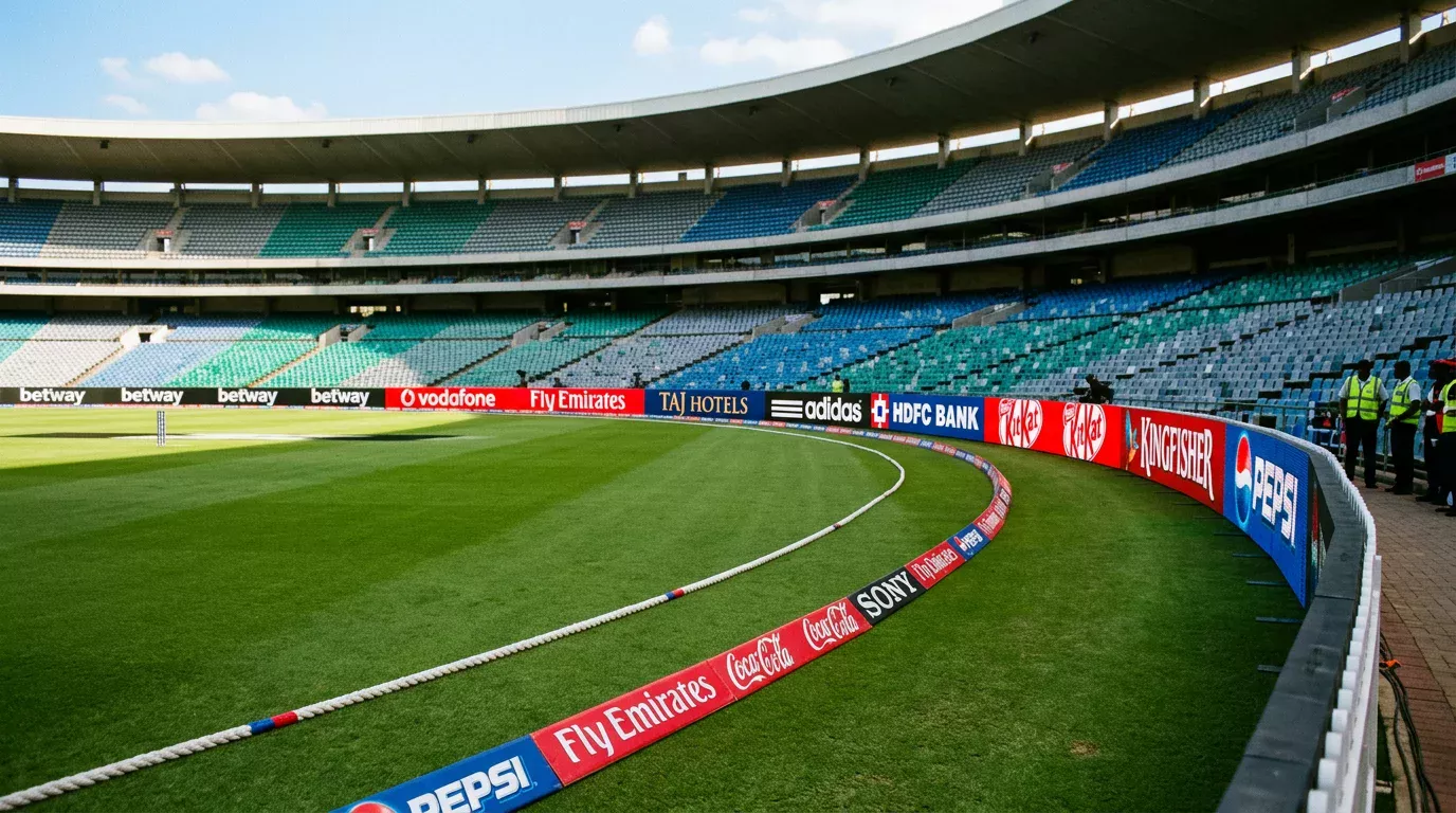Estadio de cricket con logos de patrocinadores visibles en las vallas publicitarias