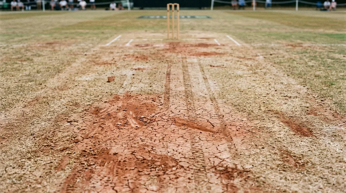 Superficie de un pitch de cricket mostrando las diferentes zonas de desgaste y color del terreno