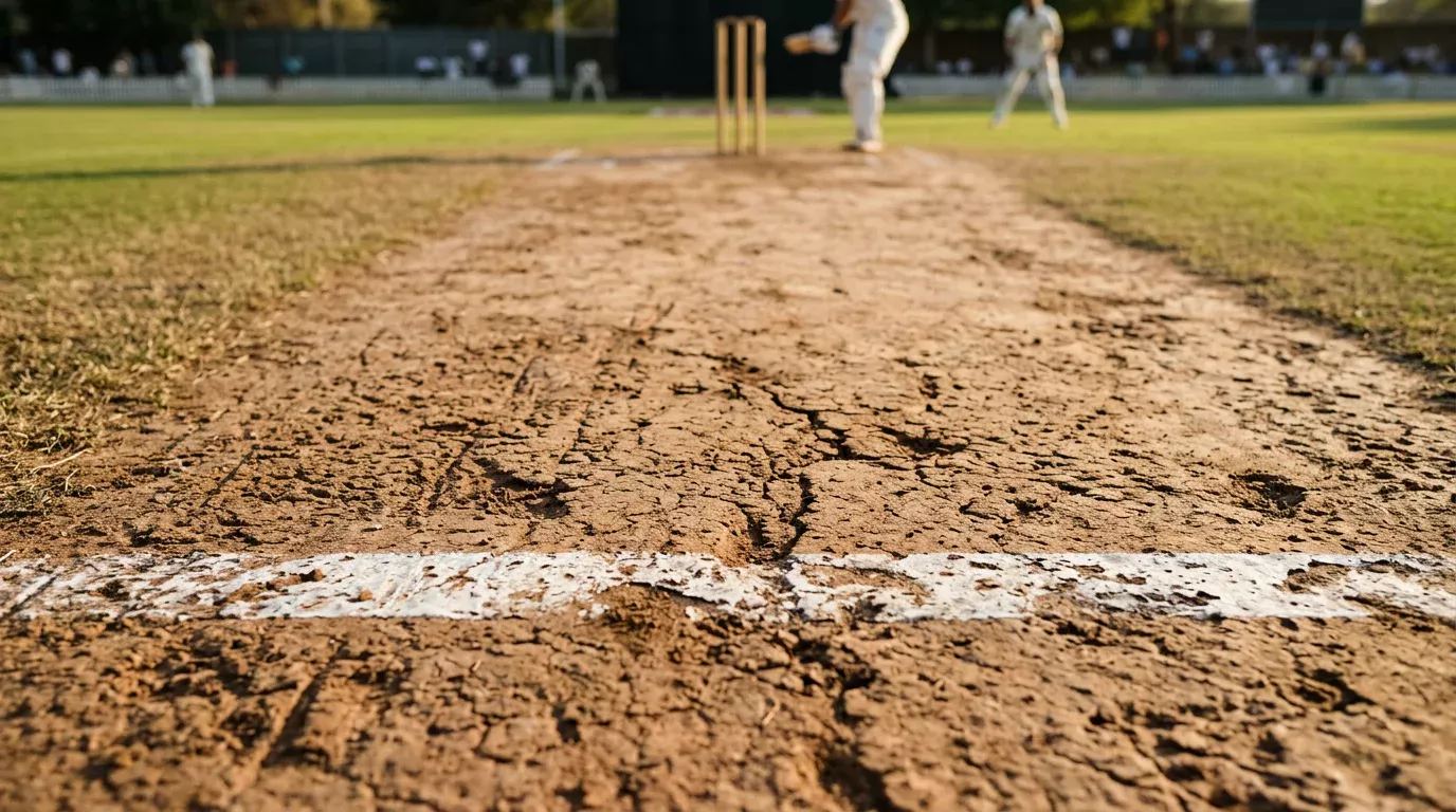 Vista cercana del pitch de cricket mostrando la superficie de arcilla con marcas de desgaste y la franja de lanzamiento