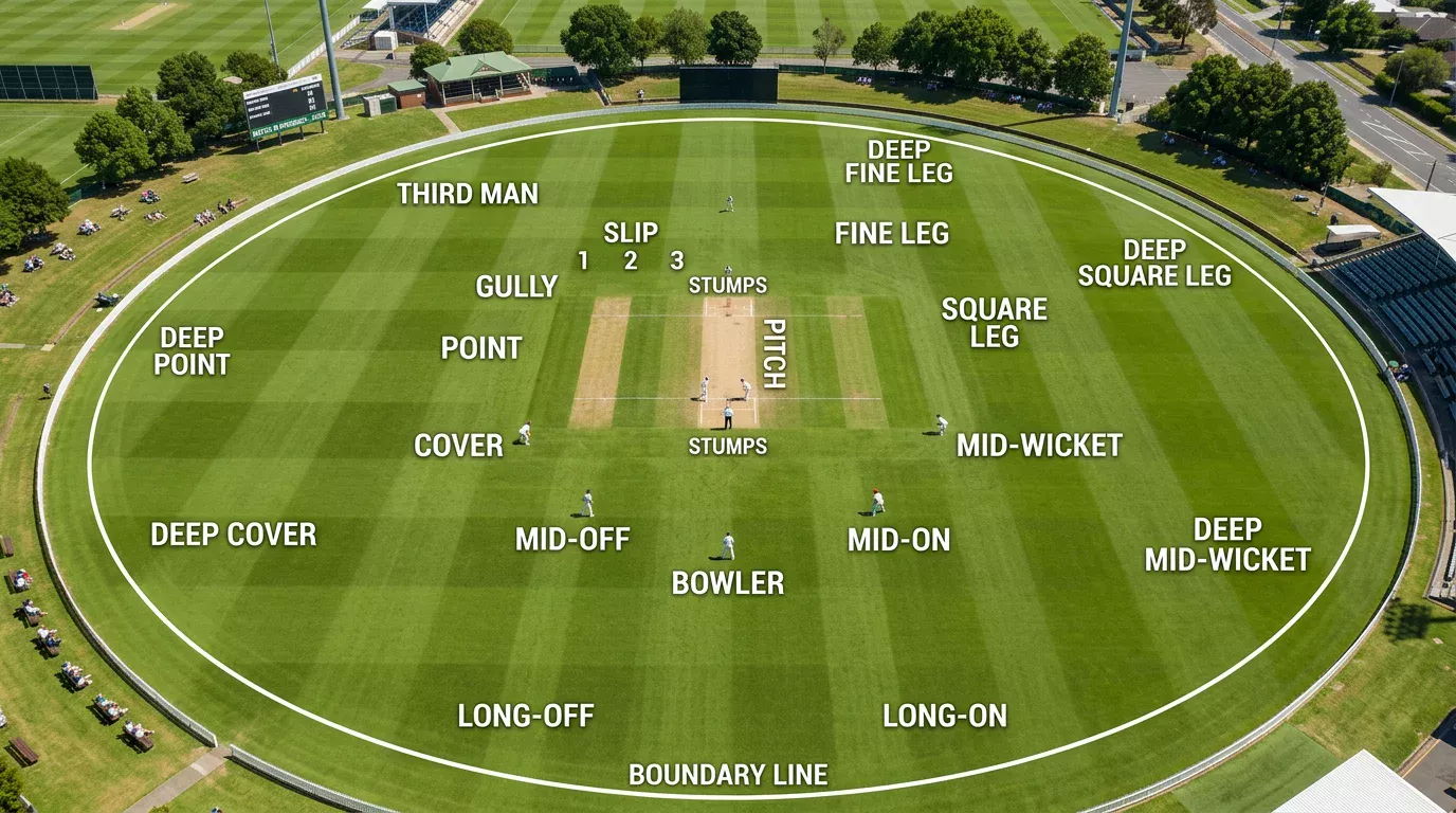 Diagrama de un campo de cricket con las posiciones y zonas marcadas